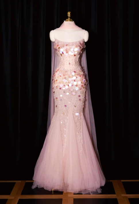 Gorgeous Pink Strapless Mermaid Sequin Tulle Evening Gown DP7430