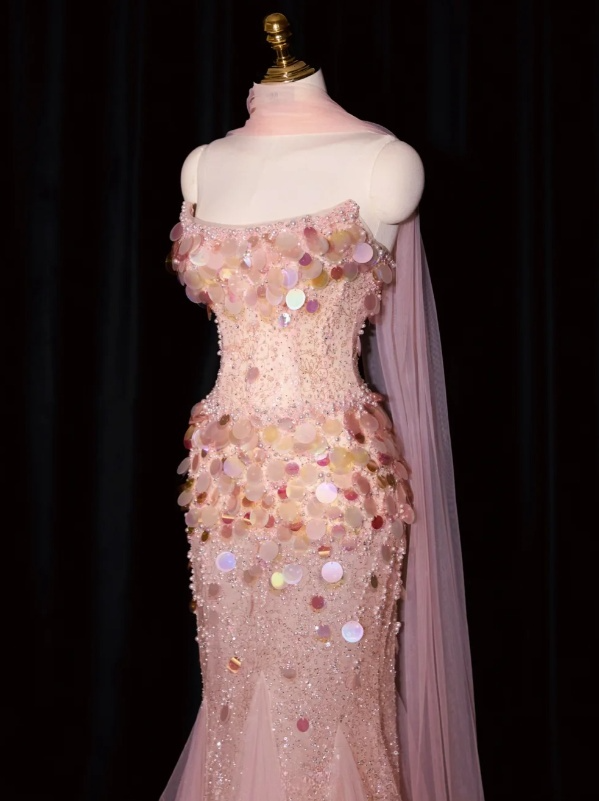 Magnifique robe de soirée sirène rose bustier en tulle à sequins DP7430