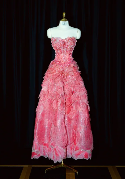 Magnifique robe de soirée rose fuchsia bustier à sequins 3D à volants et fleurs DP7431