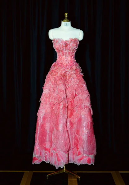 Magnifique robe de soirée rose fuchsia bustier à sequins 3D à volants et fleurs DP7431