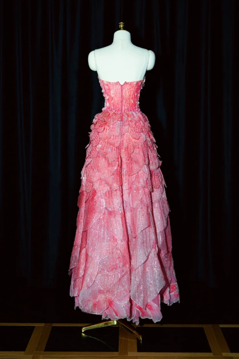 Magnifique robe de soirée rose fuchsia bustier à sequins 3D à volants et fleurs DP7431