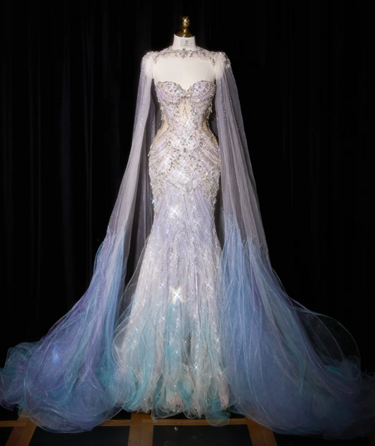 Gorgeous Pastel Ombre Mermaid Baeded Tulle Cape Iridescent Formal Evening Gown DP7432
