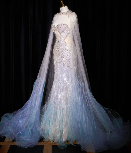 Gorgeous Pastel Ombre Mermaid Baeded Tulle Cape Iridescent Formal Evening Gown DP7432