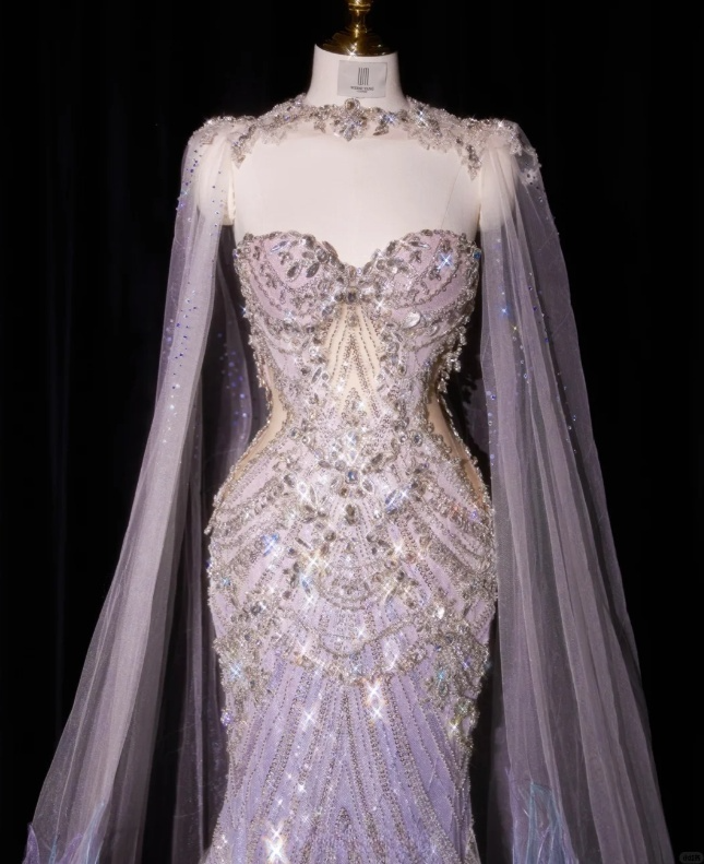 Gorgeous Pastel Ombre Mermaid Baeded Tulle Cape Iridescent Formal Evening Gown DP7432