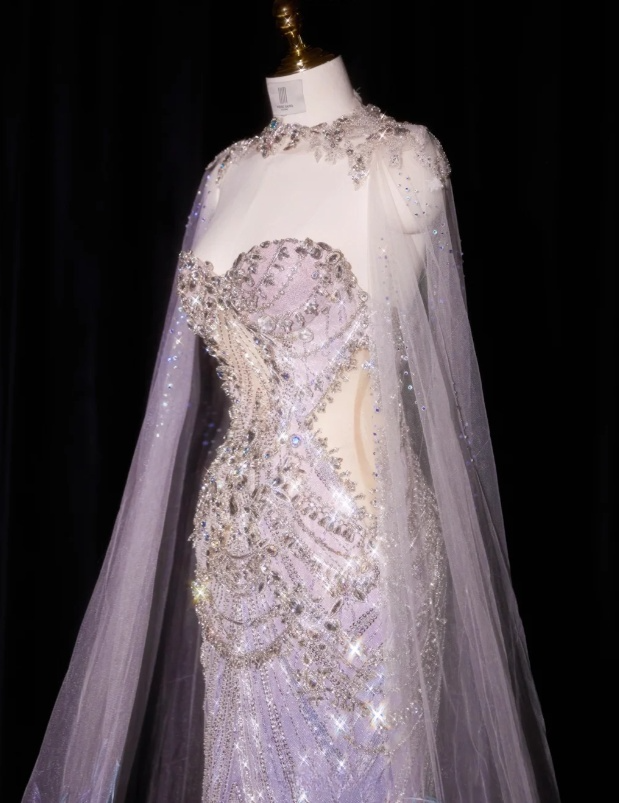 Gorgeous Pastel Ombre Mermaid Baeded Tulle Cape Iridescent Formal Evening Gown DP7432