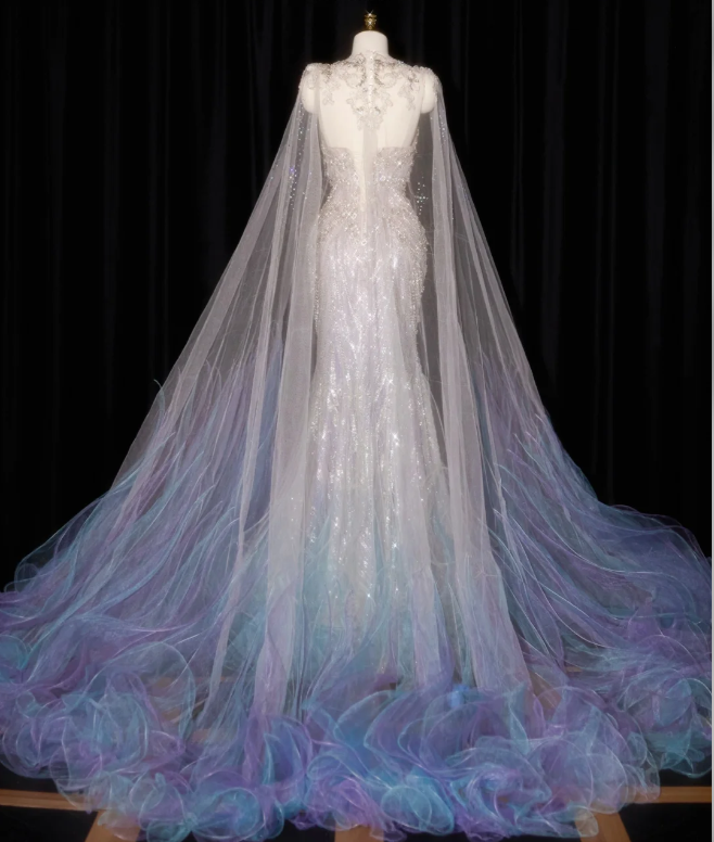 Gorgeous Pastel Ombre Mermaid Baeded Tulle Cape Iridescent Formal Evening Gown DP7432