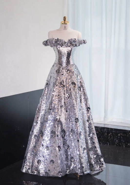 Gorgeous Silver Sequin Off-Shoulder Ruffled Sparkle Formal Evening Gown DP7433