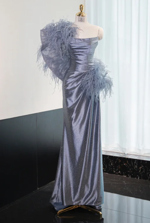 Gorgeous Gray-Blue Satin Strapless Sparkle Fabric Ruched Evening Gown DP7434