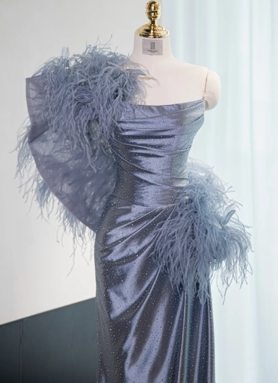 Gorgeous Gray-Blue Satin Strapless Sparkle Fabric Ruched Evening Gown DP7434