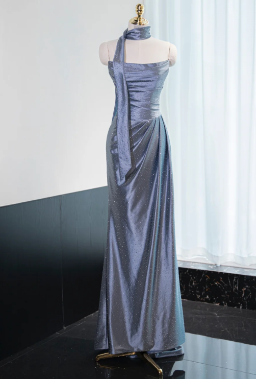 Gorgeous Gray-Blue Satin Strapless Sparkle Fabric Ruched Evening Gown DP7434