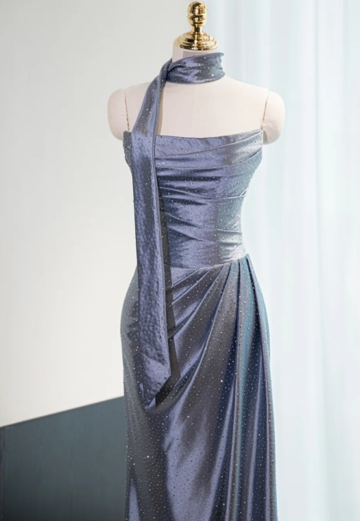 Gorgeous Gray-Blue Satin Strapless Sparkle Fabric Ruched Evening Gown DP7434