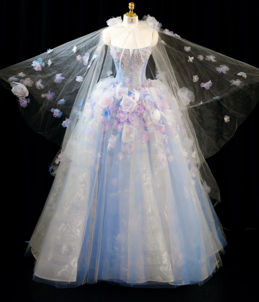 Wunderschönes, pastellblaues und lavendelfarbenes Tüll-Cape mit 3D-Blumenmuster für Sweet 16 Quinceañera-Partys (DP7436)