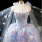Gorgeous Pastel Blue & Lavender Tulle 3D Floral Sheer Cape Sweet 16 Quinceanera Ball Gown  DP7436