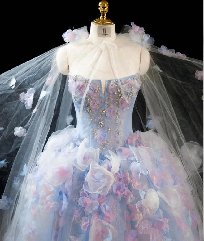 Gorgeous Pastel Blue & Lavender Tulle 3D Floral Sheer Cape Sweet 16 Quinceanera Ball Gown  DP7436