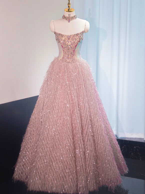 Wunderschönes, trägerloses, pinkfarbenes Pailletten-Ballkleid mit Federn für Sweet 16, Quinceañera und andere festliche Anlässe (DP7437)
