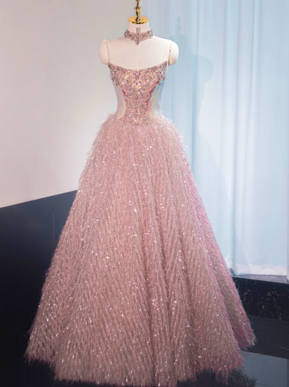 Wunderschönes, trägerloses, pinkfarbenes Pailletten-Ballkleid mit Federn für Sweet 16, Quinceañera und andere festliche Anlässe (DP7437)