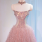 Wunderschönes, trägerloses, pinkfarbenes Pailletten-Ballkleid mit Federn für Sweet 16, Quinceañera und andere festliche Anlässe (DP7437)