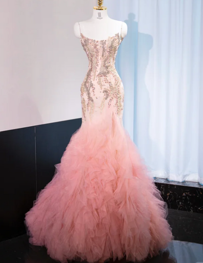 Magnifique robe de soirée sirène rose bustier à sequins et volants en tulle DP7440