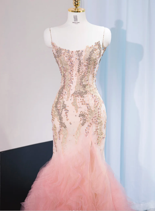 Magnifique robe de soirée sirène rose bustier à sequins et volants en tulle DP7440