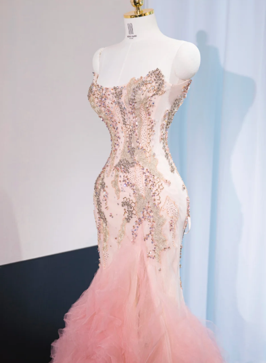 Magnifique robe de soirée sirène rose bustier à sequins et volants en tulle DP7440