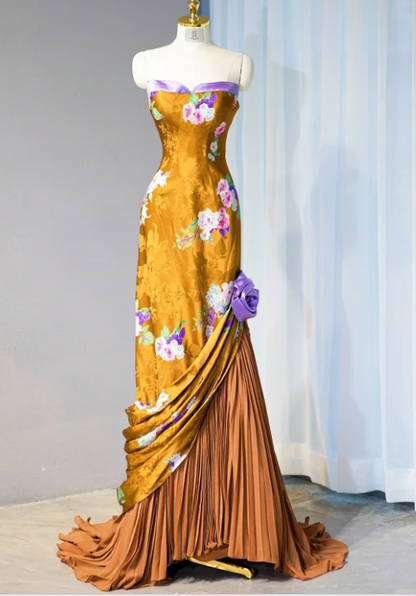 Gorgeous Floral Strapless Sheath Satin Evening Gown DP7442