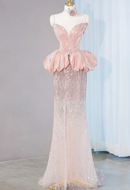 Robe de soirée formelle rose somptueuse à basque, jupe fourreau à sequins ombrés, corsage en satin, DP7446