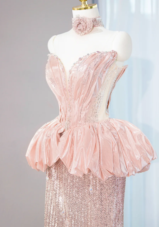 Robe de soirée formelle rose somptueuse à basque, jupe fourreau à sequins ombrés, corsage en satin, DP7446