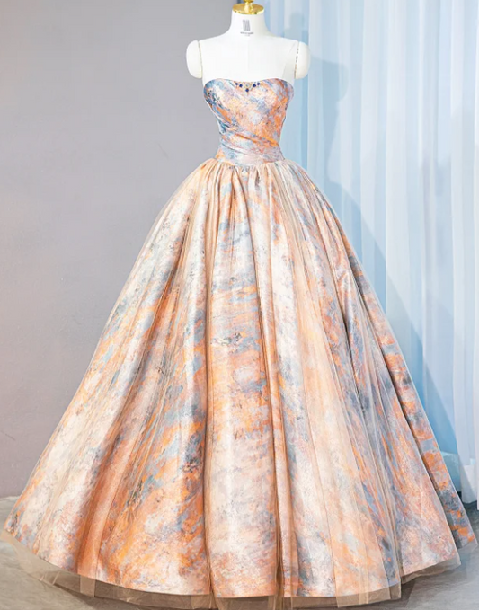 Wunderschönes, trägerloses Tüll-Ballkleid mit Aquarelldruck für Sweet 16 Quinceañera DP7447