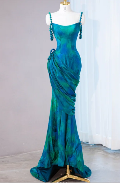 Gorgeous Teal Tie-Dye Mermaid Beaded Strap Ruched Formal Evening Gown DP7448