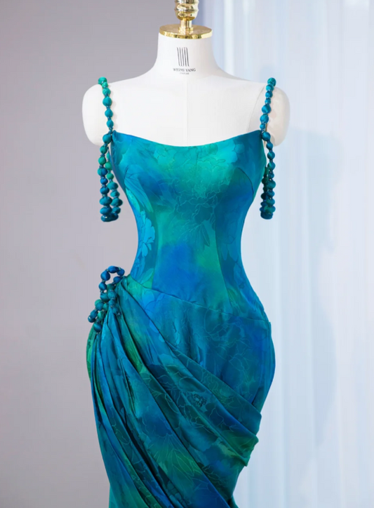 Gorgeous Teal Tie-Dye Mermaid Beaded Strap Ruched Formal Evening Gown DP7448