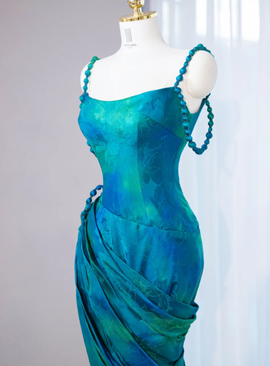 Gorgeous Teal Tie-Dye Mermaid Beaded Strap Ruched Formal Evening Gown DP7448