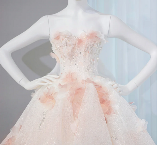 Gorgeous Pink Tiered Tulle 3D Floral Strapless Sweet 16 Quinceanera Ball Gown  DP7449