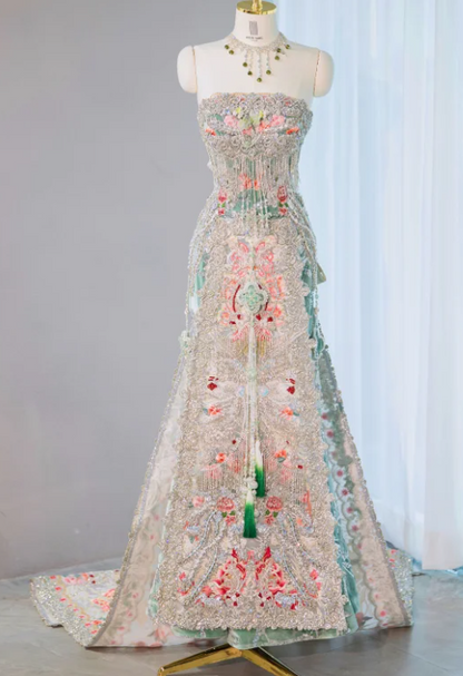 Gorgeous Pastel Embroidered Strapless Beaded Tassel Floral Evening Gown DP7450