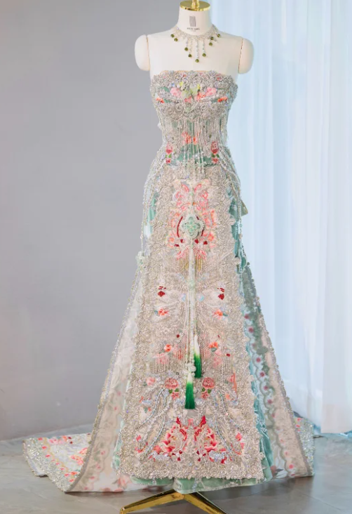 Gorgeous Pastel Embroidered Strapless Beaded Tassel Floral Evening Gown DP7450