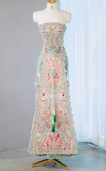 Gorgeous Pastel Embroidered Strapless Beaded Tassel Floral Evening Gown DP7450