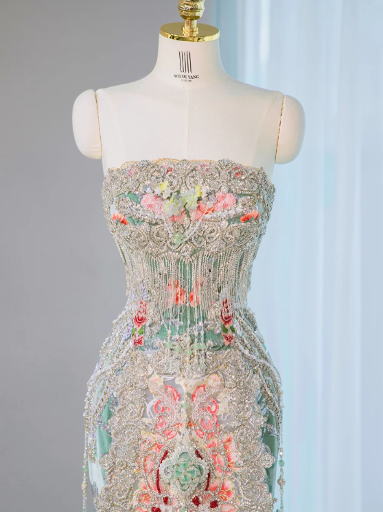 Gorgeous Pastel Embroidered Strapless Beaded Tassel Floral Evening Gown DP7450