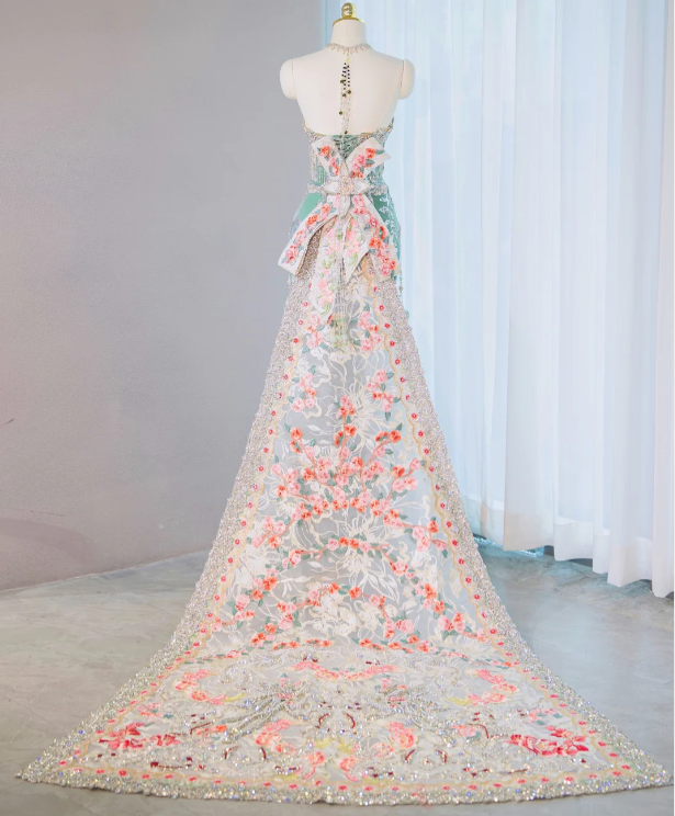 Gorgeous Pastel Embroidered Strapless Beaded Tassel Floral Evening Gown DP7450