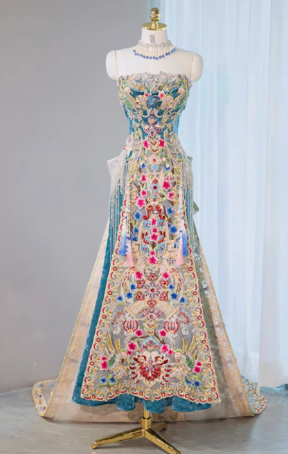 Gorgeous Embroidered Tulle Strapless Handcrafted Beaded Floral Evening Gown DP7451