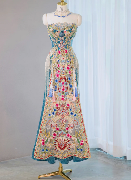 Gorgeous Embroidered Tulle Strapless Handcrafted Beaded Floral Evening Gown DP7451