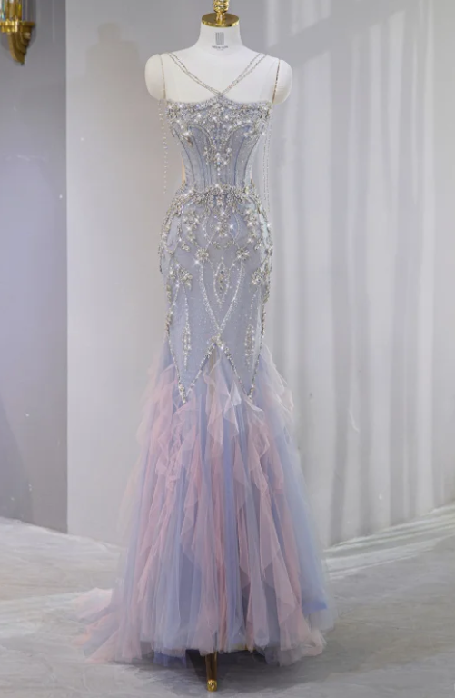 Gorgeous Beaded Tulle Mermaid Ruffled Tulle Spaghetti Strap Evening Gown DP7454
