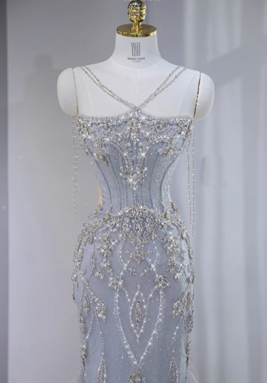 Gorgeous Beaded Tulle Mermaid Ruffled Tulle Spaghetti Strap Evening Gown DP7454