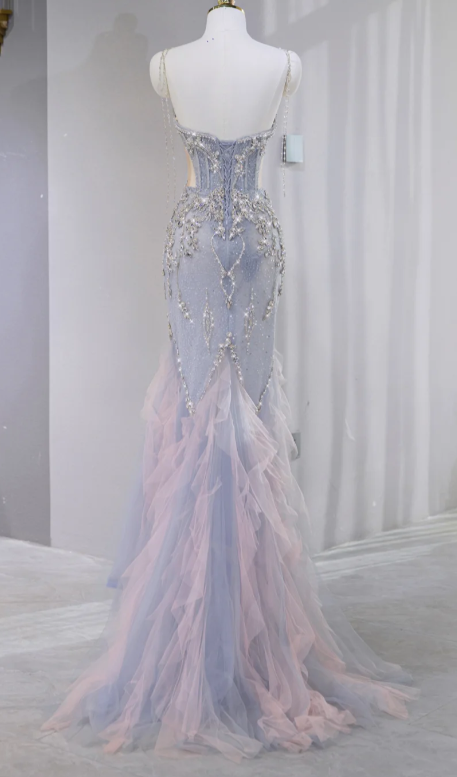 Gorgeous Beaded Tulle Mermaid Ruffled Tulle Spaghetti Strap Evening Gown DP7454