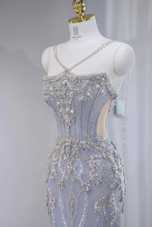 Gorgeous Beaded Tulle Mermaid Ruffled Tulle Spaghetti Strap Evening Gown DP7454