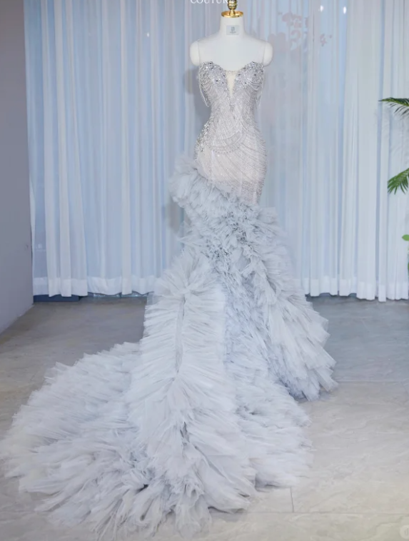 Glamorous Silver Ombre Ruffled Tulle Mermaid Strapless Beaded Formal Evening Gown DP7456