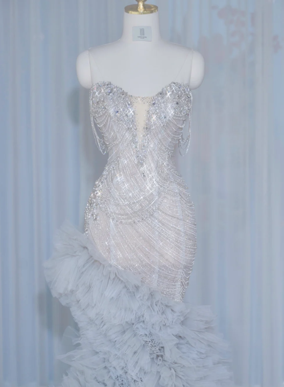 Glamorous Silver Ombre Ruffled Tulle Mermaid Strapless Beaded Formal Evening Gown DP7456