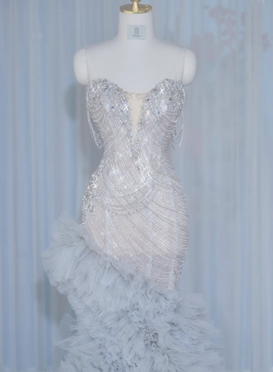 Glamorous Silver Ombre Ruffled Tulle Mermaid Strapless Beaded Formal Evening Gown DP7456