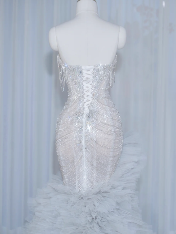 Glamorous Silver Ombre Ruffled Tulle Mermaid Strapless Beaded Formal Evening Gown DP7456