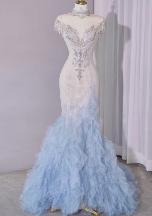 Glamorous Ombre Light Blue Ruffled Tulle Mermaid Beaded Embroidered Off-Shoulder Formal Evening Gown DP7457
