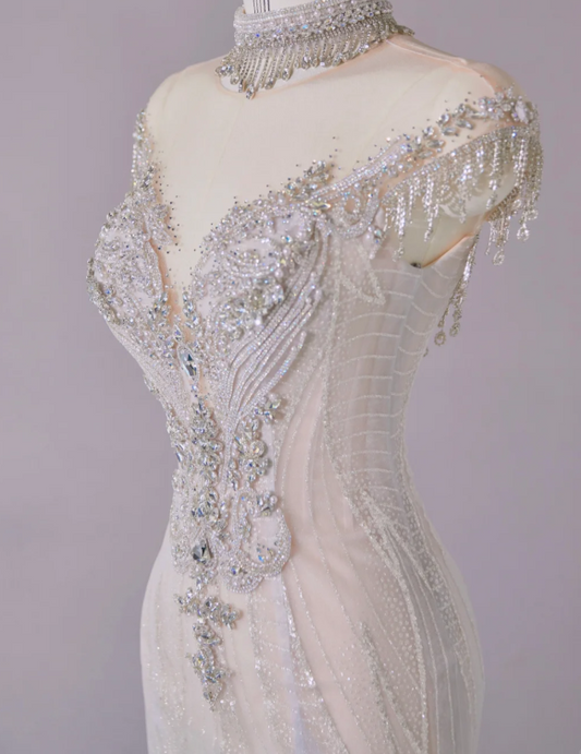 Glamorous Ombre Light Blue Ruffled Tulle Mermaid Beaded Embroidered Off-Shoulder Formal Evening Gown DP7457