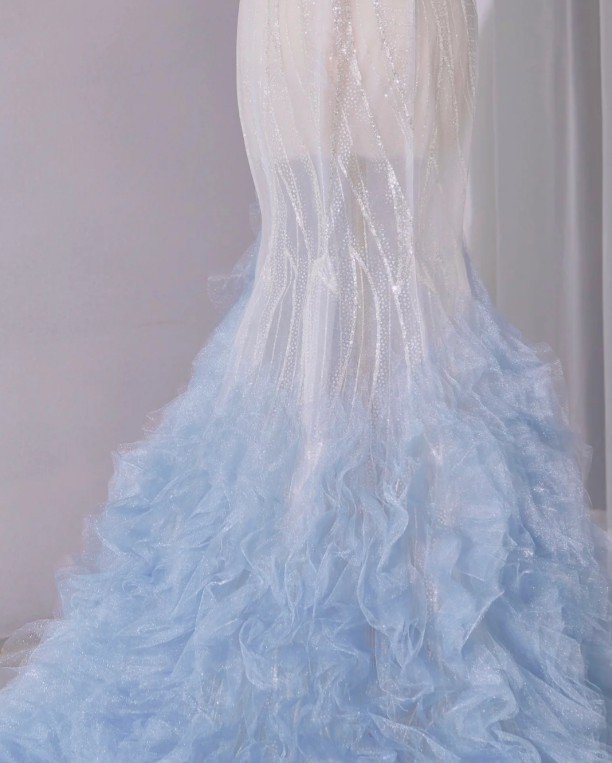 Glamorous Ombre Light Blue Ruffled Tulle Mermaid Beaded Embroidered Off-Shoulder Formal Evening Gown DP7457